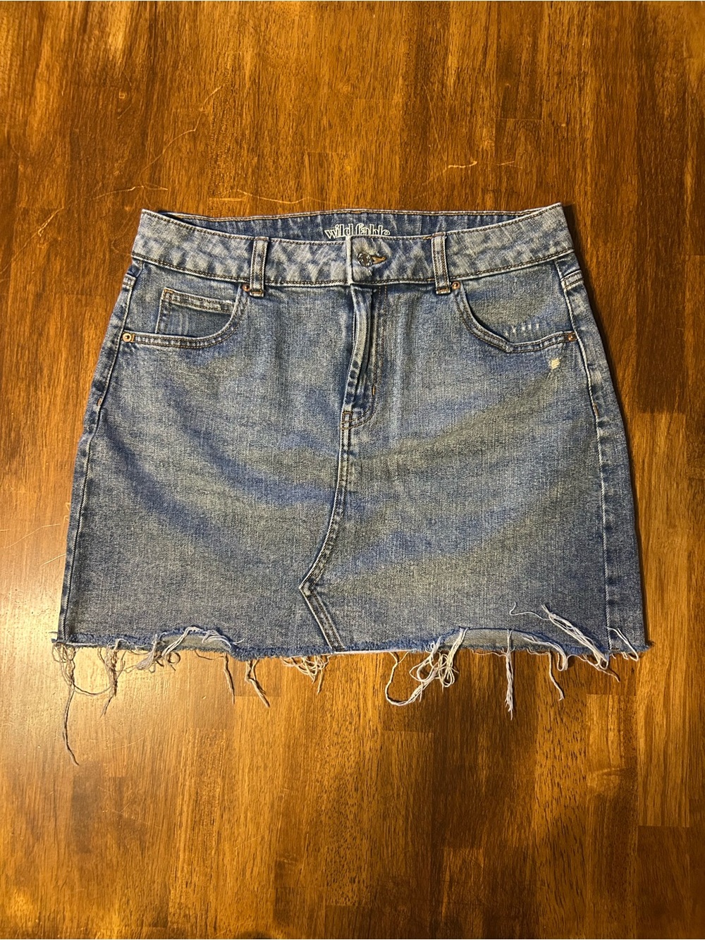 wild fable faded blue denim mini skirt with raw hem